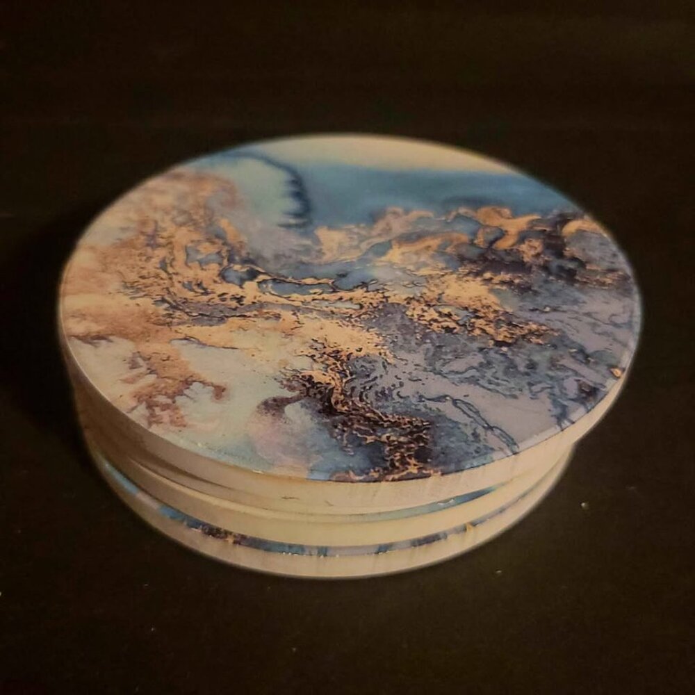 Set of Lahome Marble/Beach Pattern Ceramic Absor Drink Coasters With a Cork Back